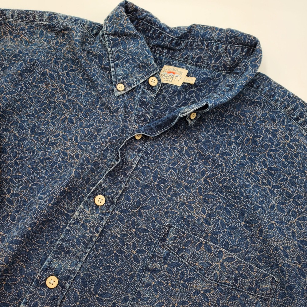 Faherty Brand Mens XXL Blue Indigo Leaf Print Cotton Short Sleeve Button Down